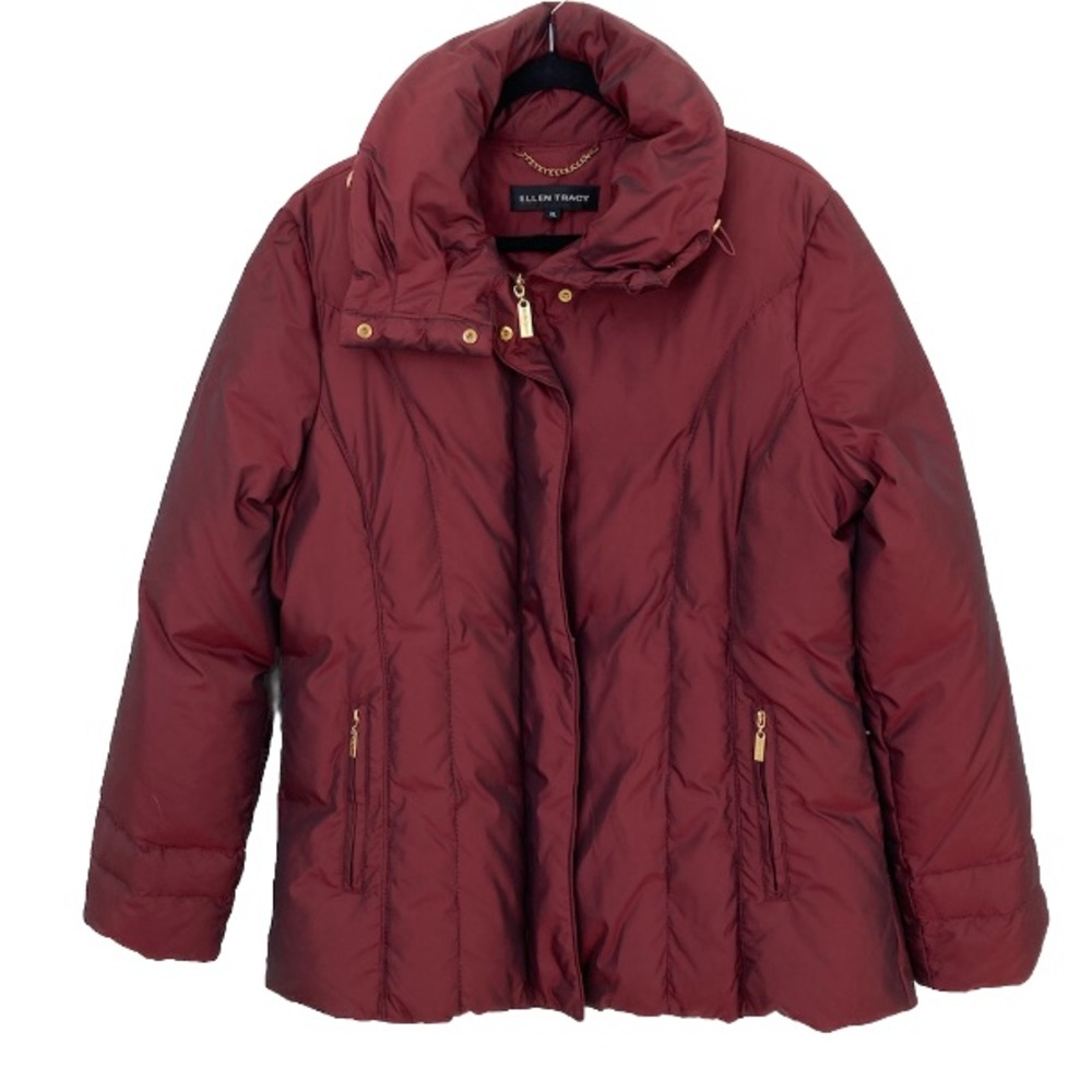 Ellen Tracy Insulated Quilted Puffer Jacket Burgundy Feather Duck Down Fill Coat